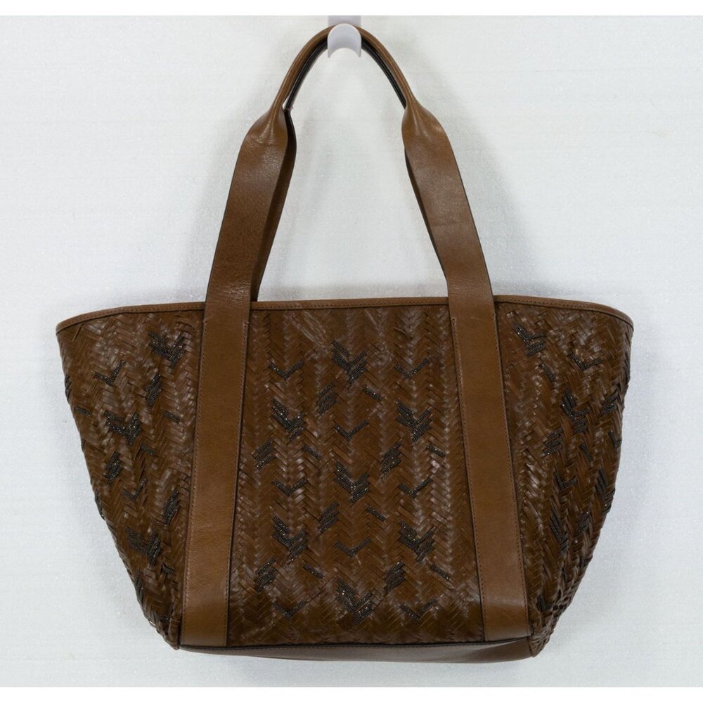$6995 BRUNELLO CUCINELLI LEATHER LARGE TOTE BAAG WITH MONILI CHAIN DETAIL BROWN - Picture 2 of 9